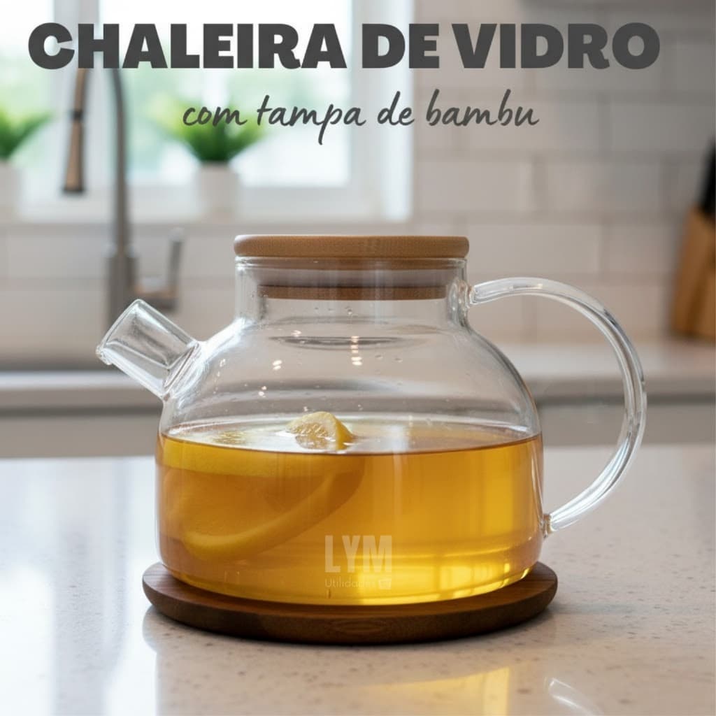 Chaleira de Vidro 1L com Coador Tampa de Bambu Premium Bule infusor Resistente a Calor de ir Ao Fogo