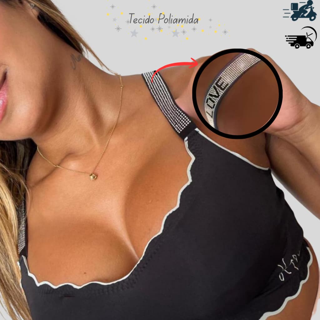 SUTIÃ TOP SEM COSTURA ALÇA STRASS, COM REGULAGEM E BOJO ANATÔMICO
