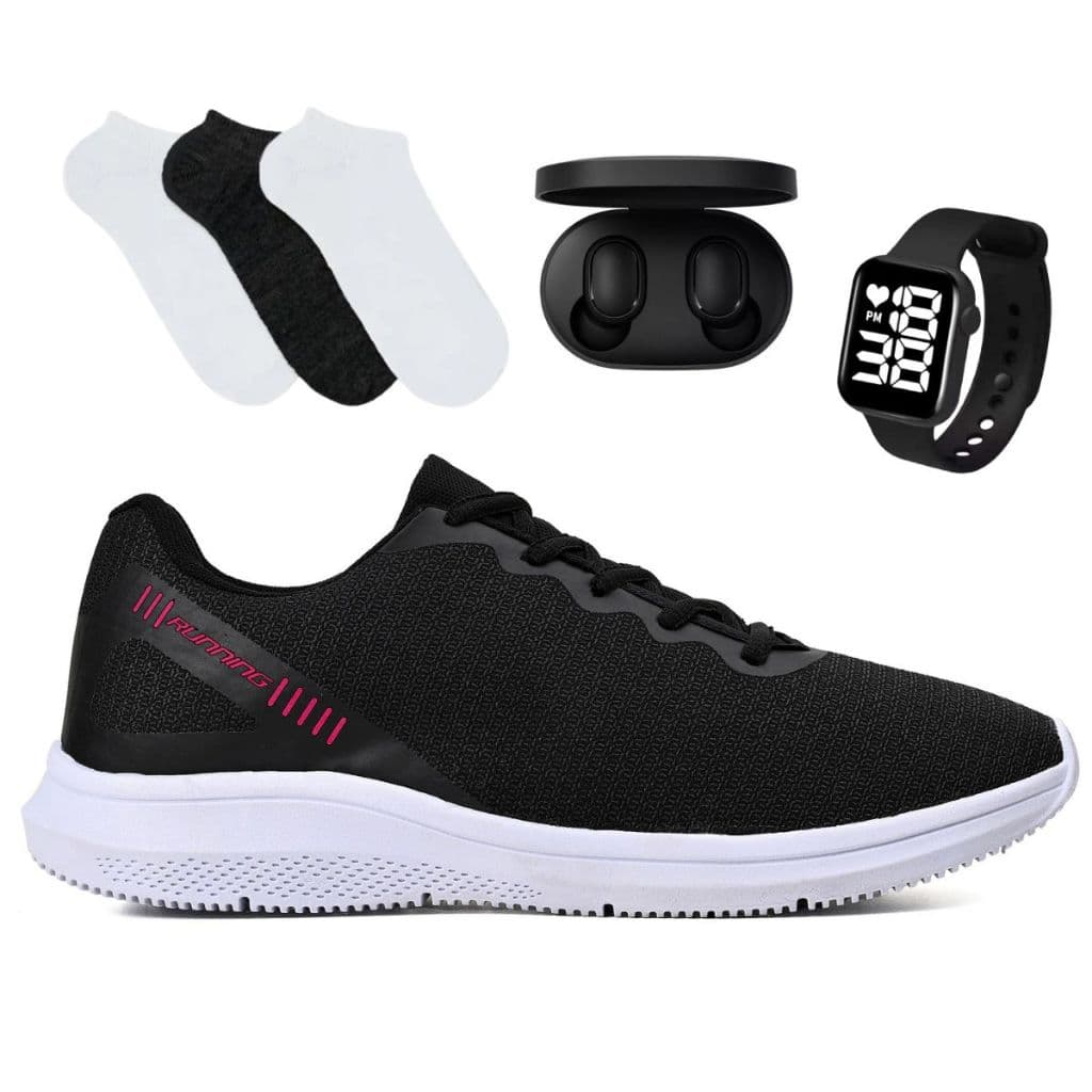 Tênis Feminino Masculino Academia Caminhada Esportivo 2000 Corrida Relógio Kit 3 Meias Fone