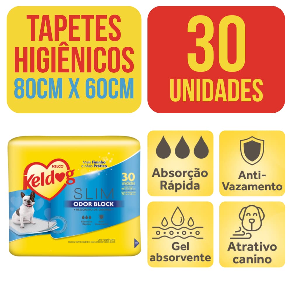 30 Unidades, Tapete Higiênico 80cm por 60cm, Slim Odor Block Keldog, Gel Absorvente, Anti Vazamento