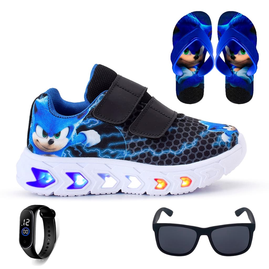 Kit Tenis Masculino Infantil De Led Meninos Sonic Preto Royal Velcro + Chinelo + Óculos + Relógio GeG Magazine