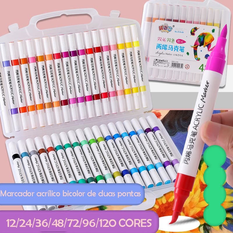 Caneta marcadora acrílica Tinta ponta dupla kit 24/36/48/72 cores sortidas , caixa de secagem