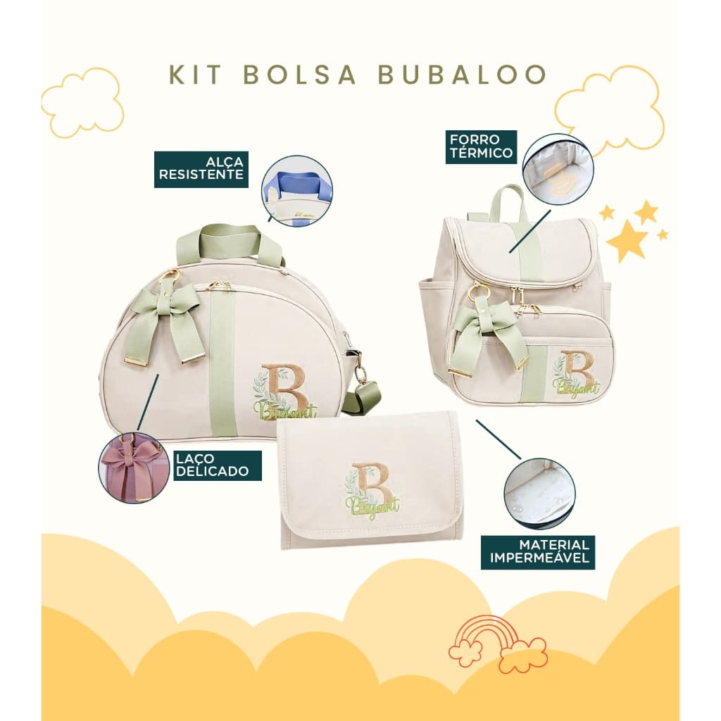Kit Maternidade 3 Peças Bolsa, Mochila e Trocador Personalizado Térmica Impermeável, Coleção Bubbaloo