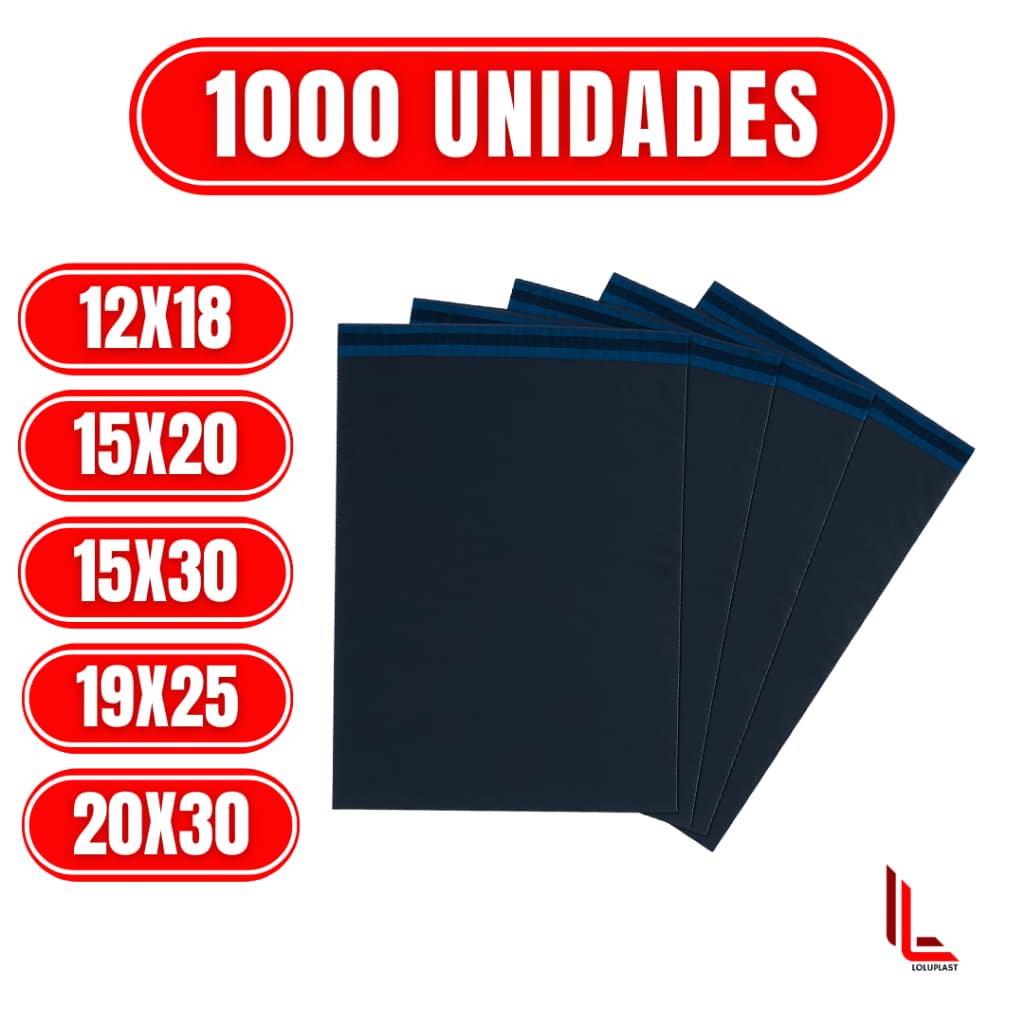 Kit 1000 Envelopes de Segurança Plástico Preto Aba Adesiva