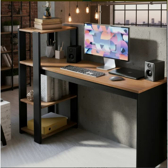 Escrivaninha Industrial Nature com Estrutura Preta – Mesa Home Office Moderna com Prateleiras Pequim