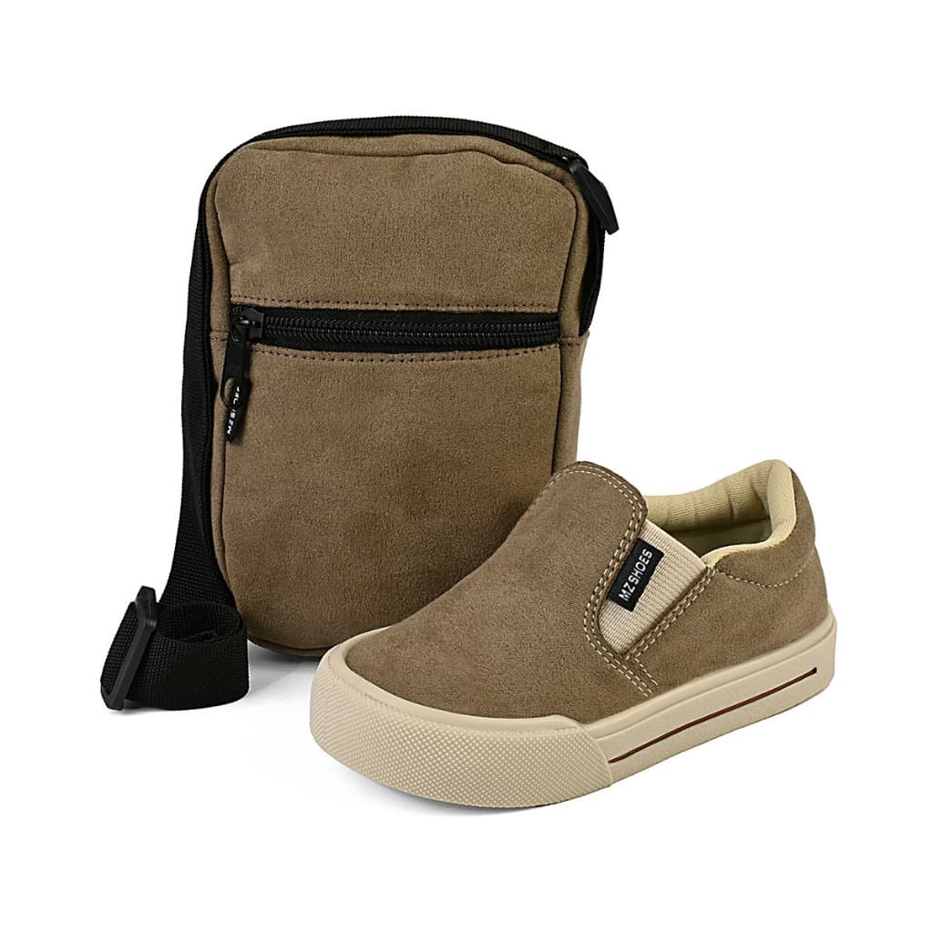 Kit Tênis Mocassim Casual Menino Slip On Escolar Com Shoulde Bag Taupe