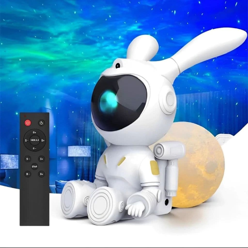 Luminária De Mesa Lua Projetor  Coelho Galáxia Led Nebulosa Estrelas Abajur Luz Noturna Quarto Branco