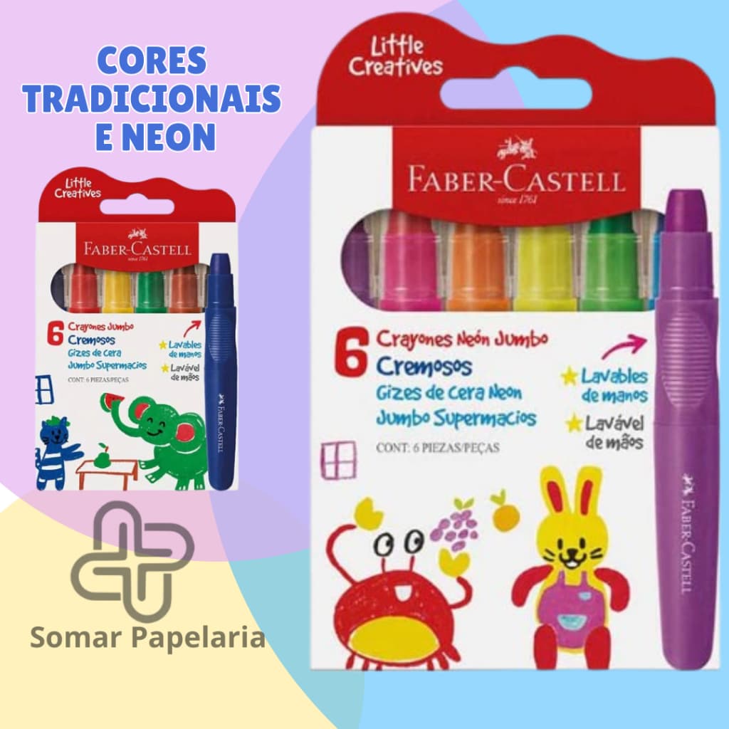 Giz de Cera Supermacio Jumbo Neon, Little Creatives, 6 Cores, Faber-Castell 15812