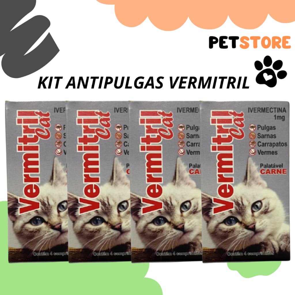 Vermitril Gatos Anti Pulgas e Carrapatos 4 8 12 Comprimidos Mastigaveis
