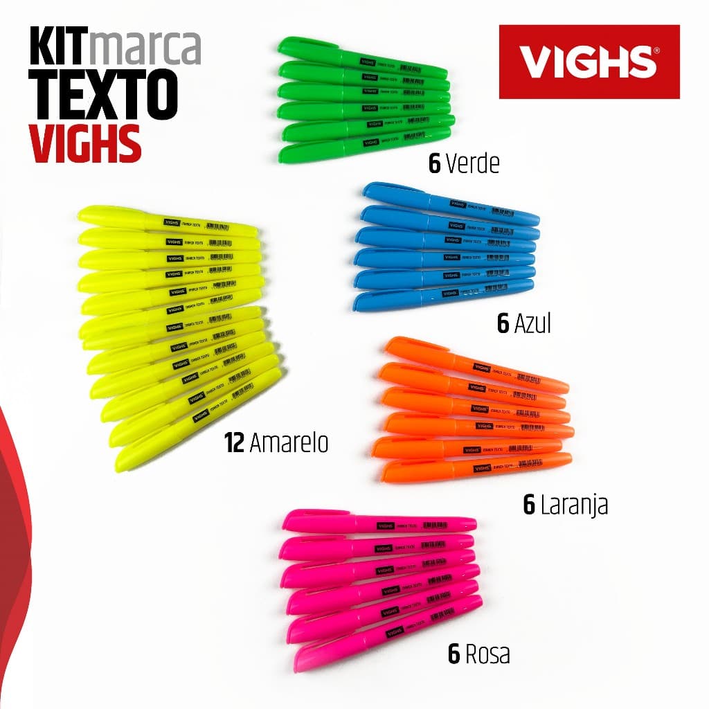 Kit 36 Canetas Marca Texto Neon Fluorescente Vighs – Cores Vivas Secagem Rápida Escolar Escritório