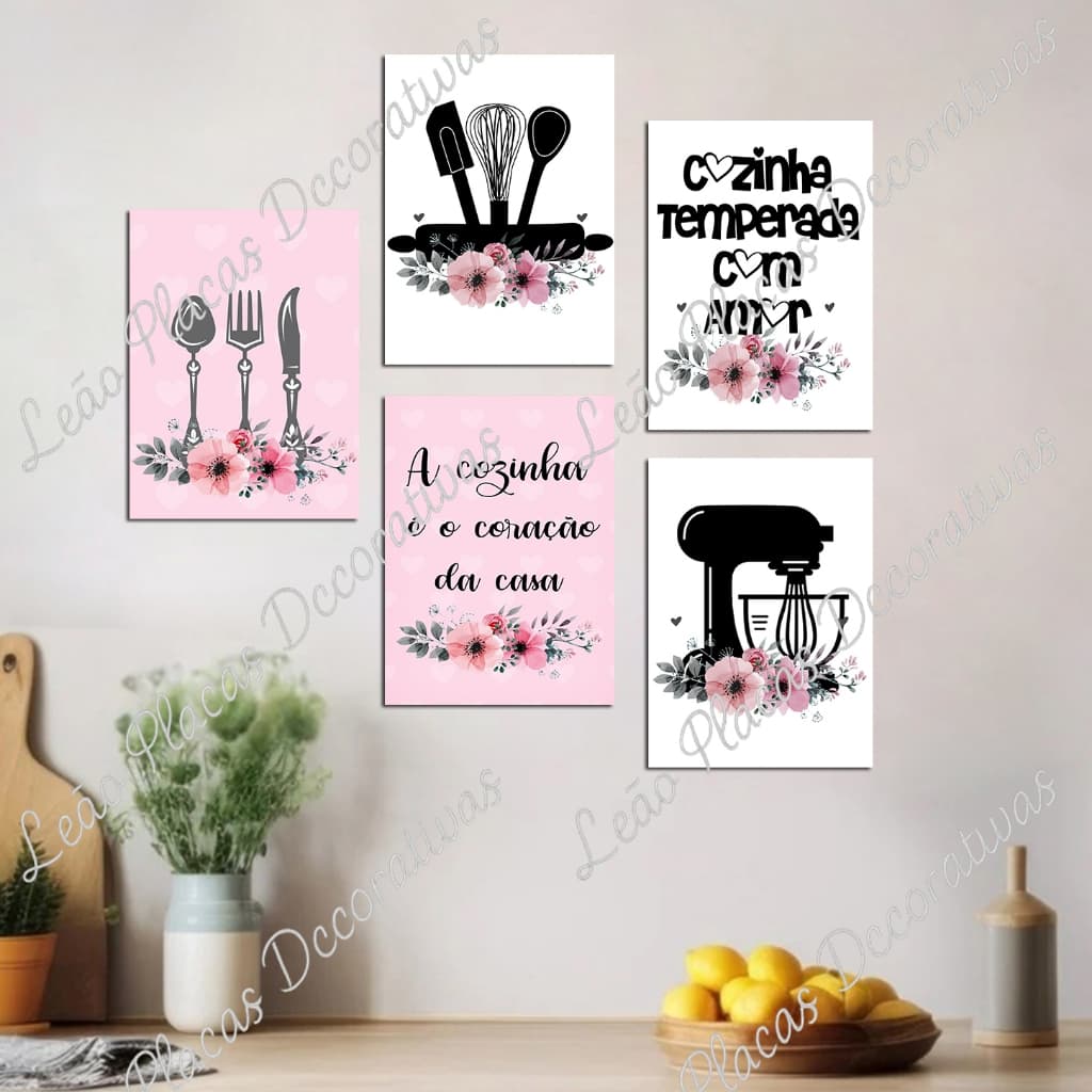 KIT 5 Placas Decorativas MDF Quadros de parede Tema Frases Cozinha copa Cantinho do Café - TEMPERADA COM AMOR 13x9cm