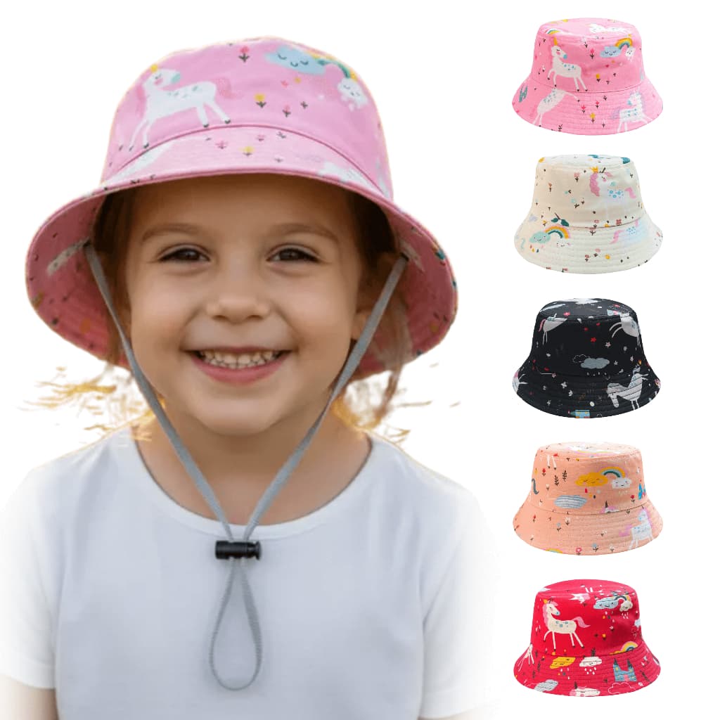 Chapéu de praia Infantil UV Bucket Infantil unicornio Chapéu de praia feminino menina com Cordinha