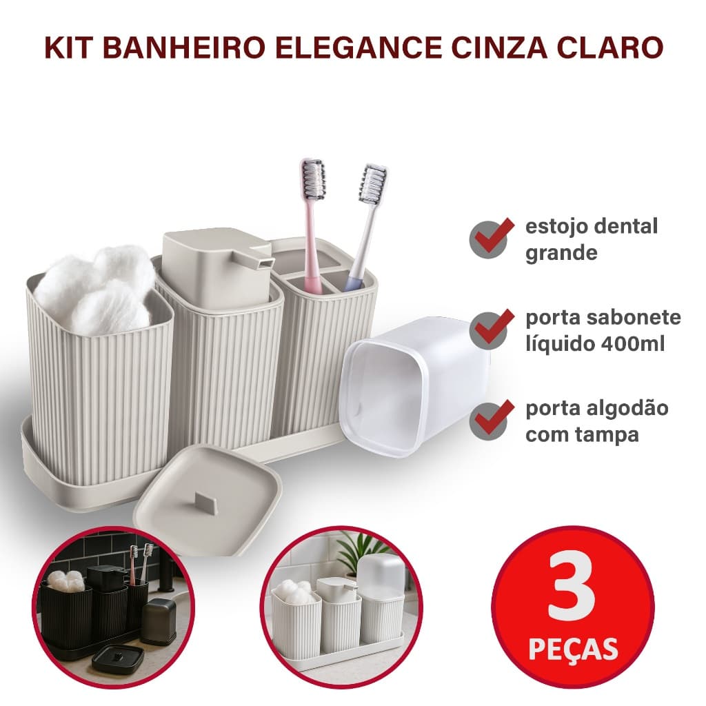 Kit Banheiro Elegance 3 Peças: Dispenser Sabonete, Porta Escovas, Algodão + Bandeja.