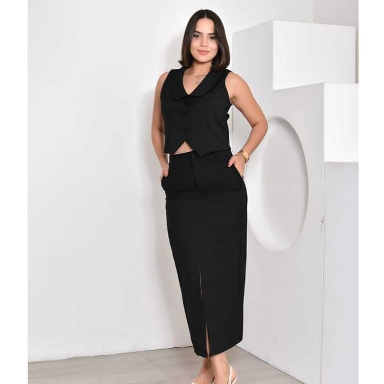 Conjunto Feminino Alfaiataria  Colete e Saia Mídi com Fenda na Frente com Ziper e Bolso Lateral- Moda Verão