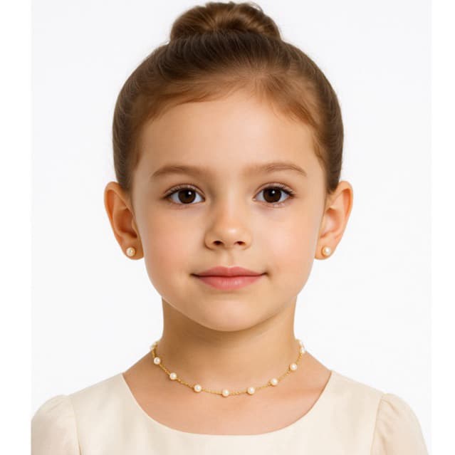 Conjunto Infantil Pérola Banhado a Ouro 18k – Colar + Brinco com Tarraxa Baby