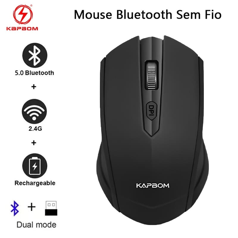 Mouse sem fio recarregável de 1600 DPI，com conexão 2.4GHz e Bluetooth，Para Notebooks, Desktops e Tablets