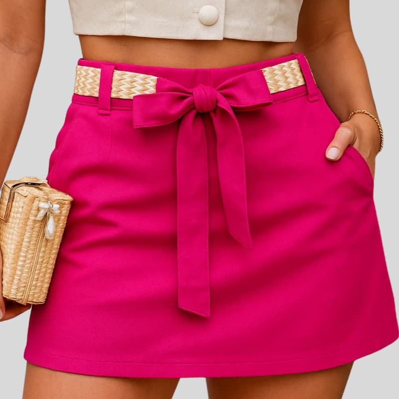 Short Saia Feminina em Linho (Skort) • Cintura Alta • Short Interno • Cinto de Palha Incluso • P M G