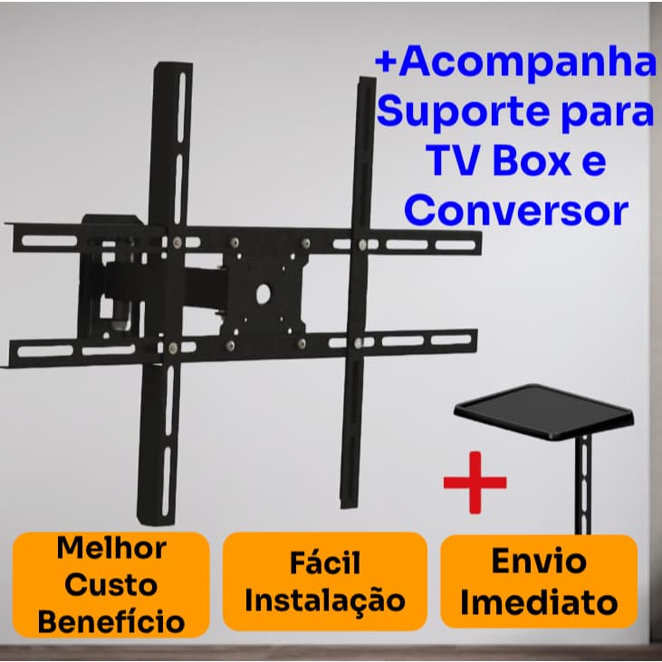 Suporte De Parede Tv Monitor 10 a 80 Polegadas Multiarticulado Reforçado+Suporte Conversor TV Box