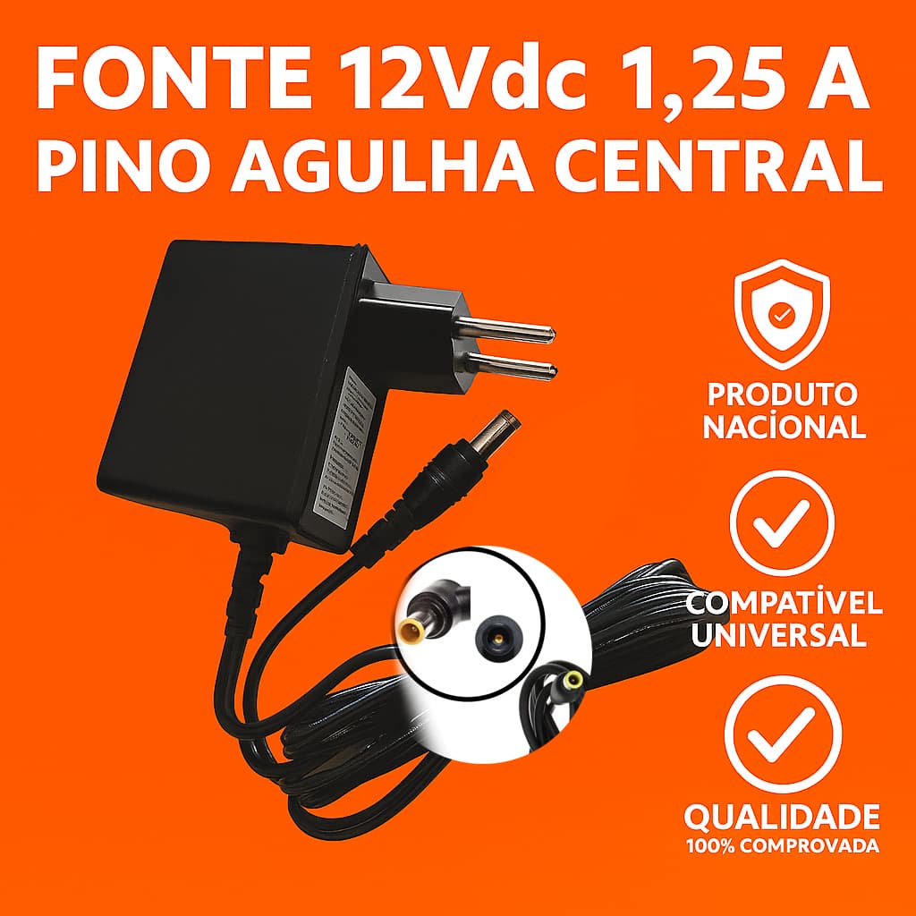 Fonte 12VDC 1,25A Pino Agulha Central – Bivolt Automática | Alta Eficiência e Segurança Garantida