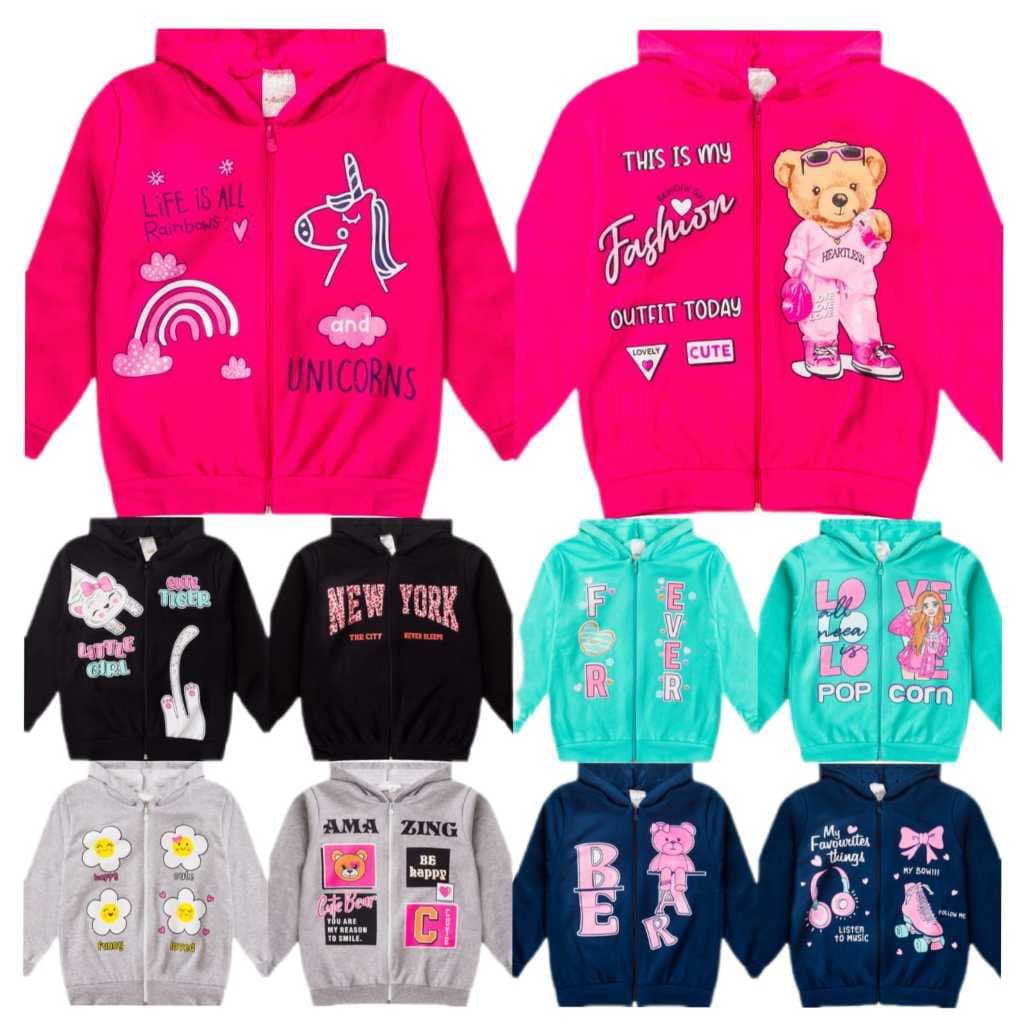 Kit 3 Jaquetas Infantis Femininas Moletom com Capuz Sortidas – Casaco de Frio Menina 4 a 14 Anos