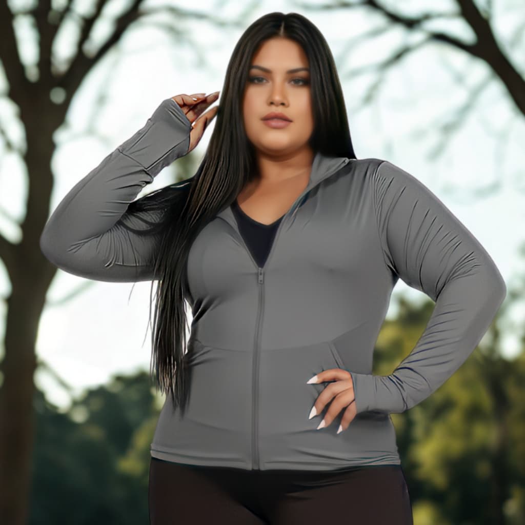 Jaqueta Fitness Feminina Plus Size Cinza Zíper Proteção Solar UV Manga Longa com Bolso e Encaixe de