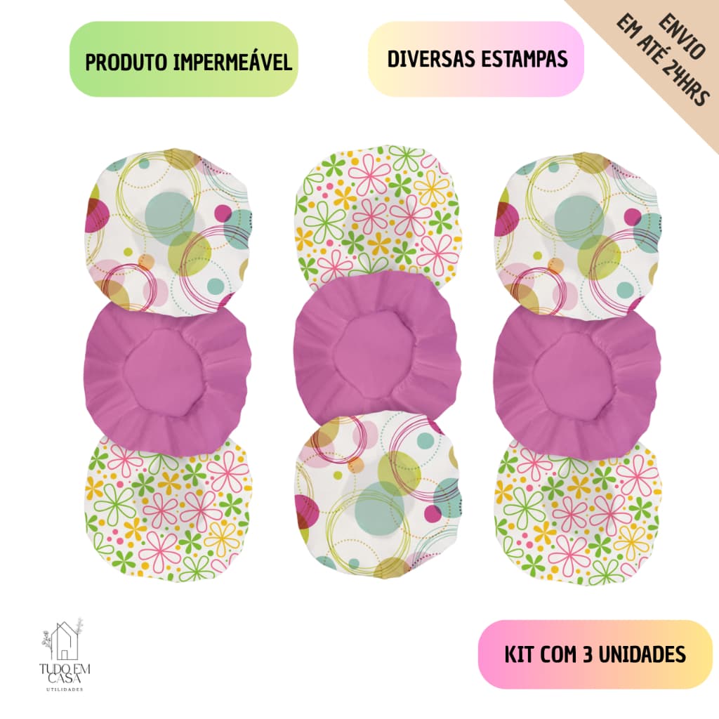 kit 3 toucas para banho impermeável plástico com elástico reutilizável - Diversas estampas