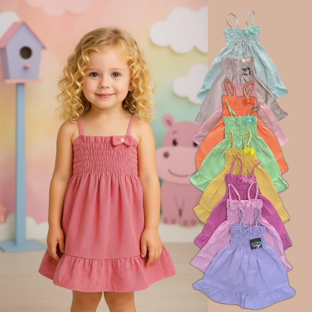 Vestido Confortável em Linho com Elástico– Bebês de 6 Meses a 4 Anos