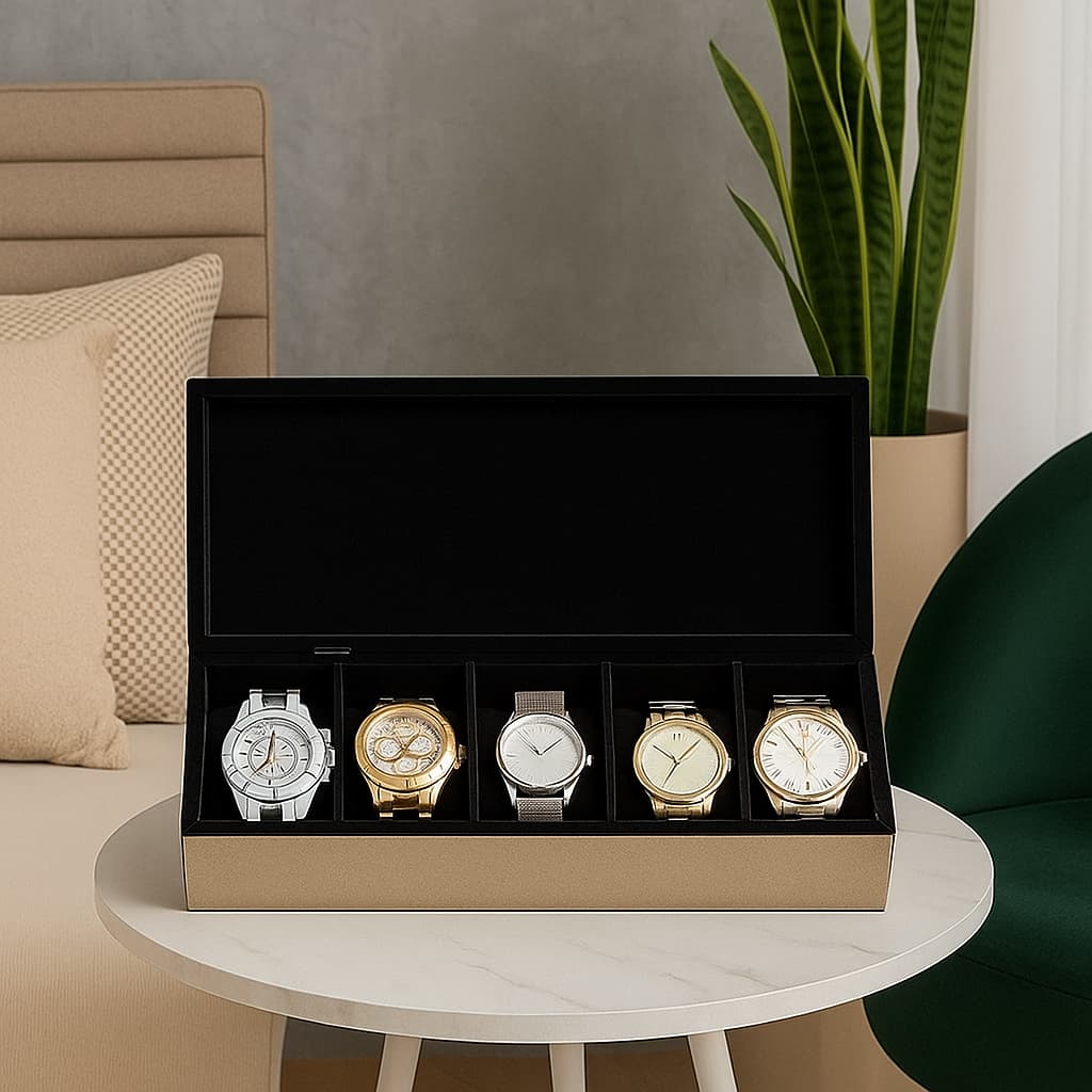 Porta relógios em MDF 5 lugares flocados com espuminhas organizaçao