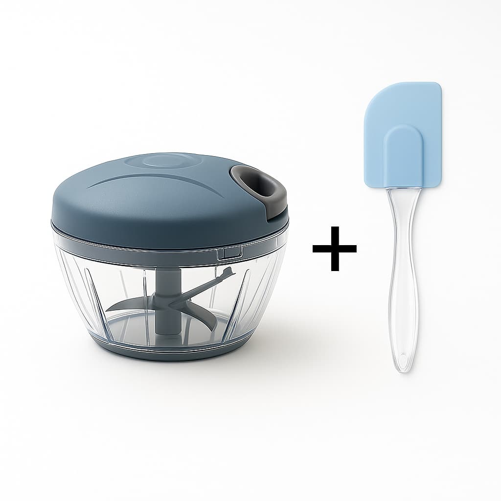 Kit Triturador Manual de Alimentos 500ml 3 Lâminas Inox Base Antiderrapante + Espátula de Silicone