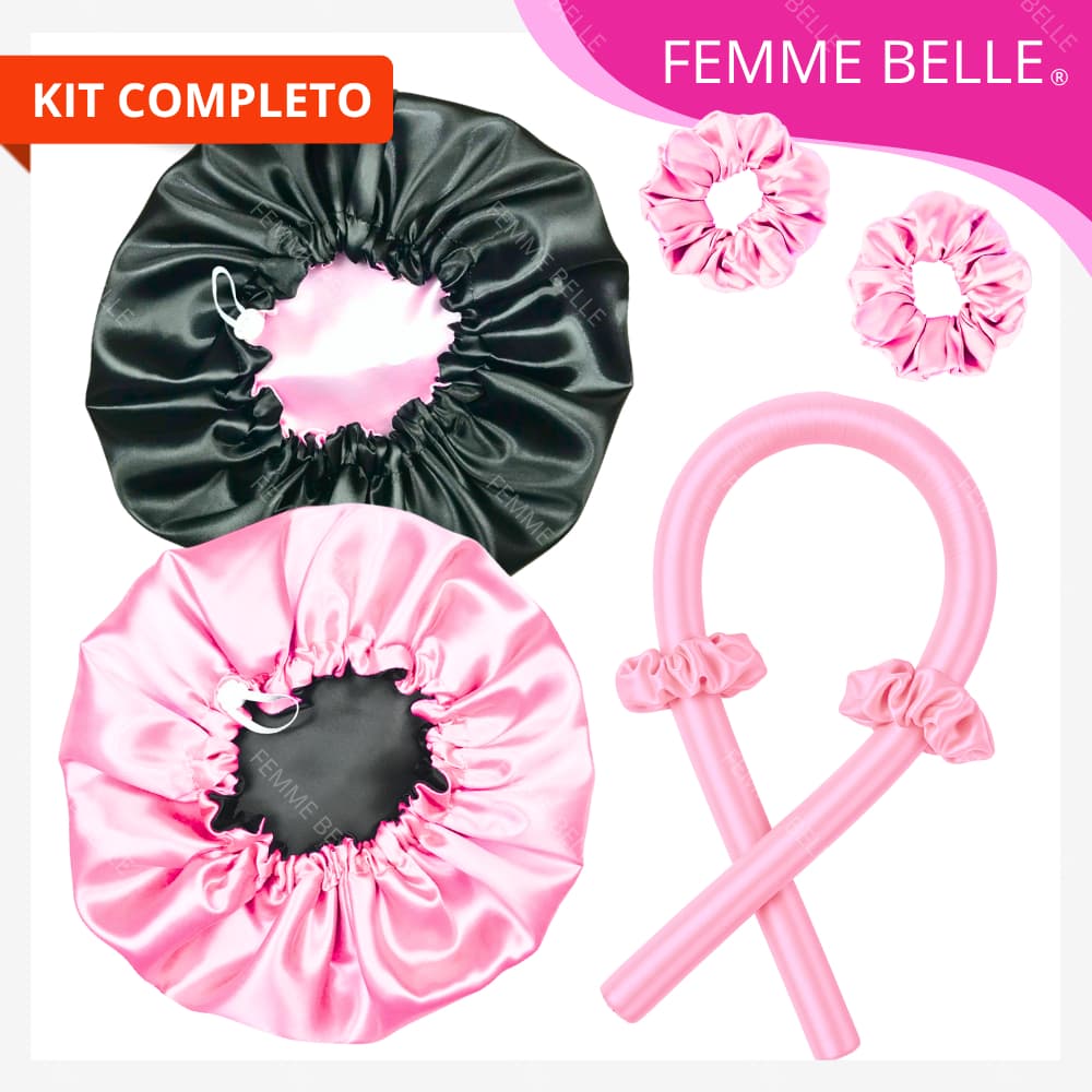 kit cetim touca cetim dupla face ajustável + modelador curling rod + scrunchies