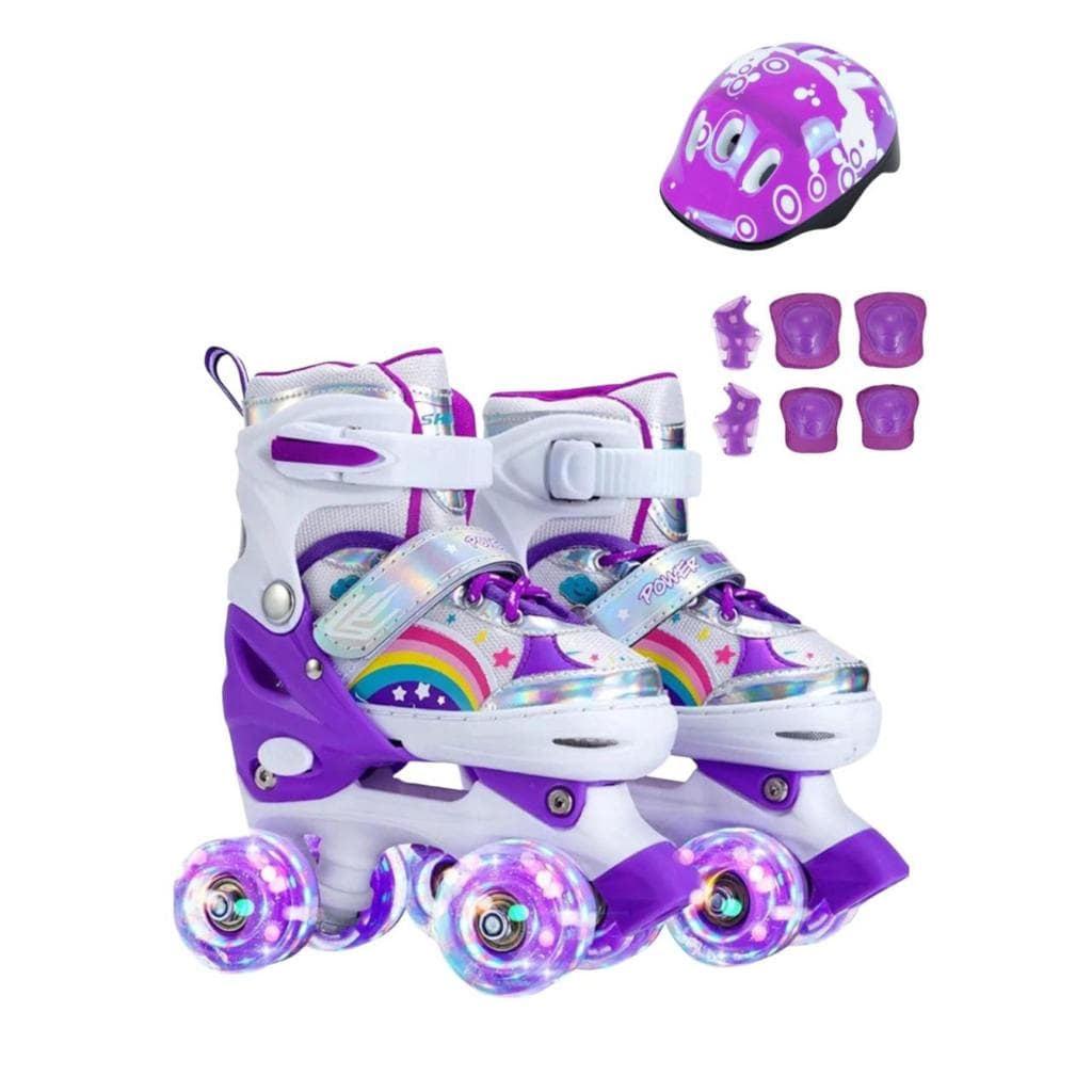 Patins Arco Íris Roxo Infantil 4 Rodas Sports Ajustável com luz de LED Com e Sem Kit de Segurança