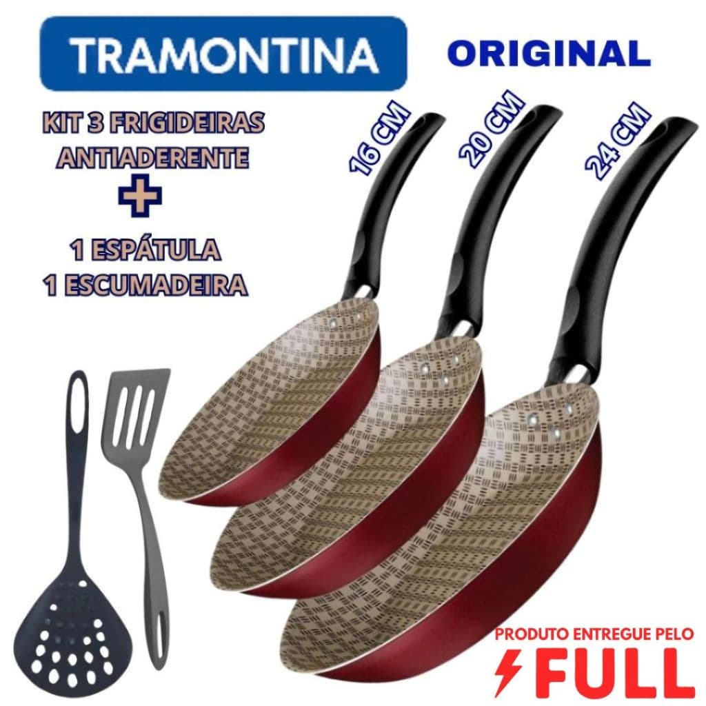 Frigideira Antiaderente Tramontina  Aluminio Turim jogo 3 Peças  + 1 ESPÁTULA + 1 ESCUMADEIRA