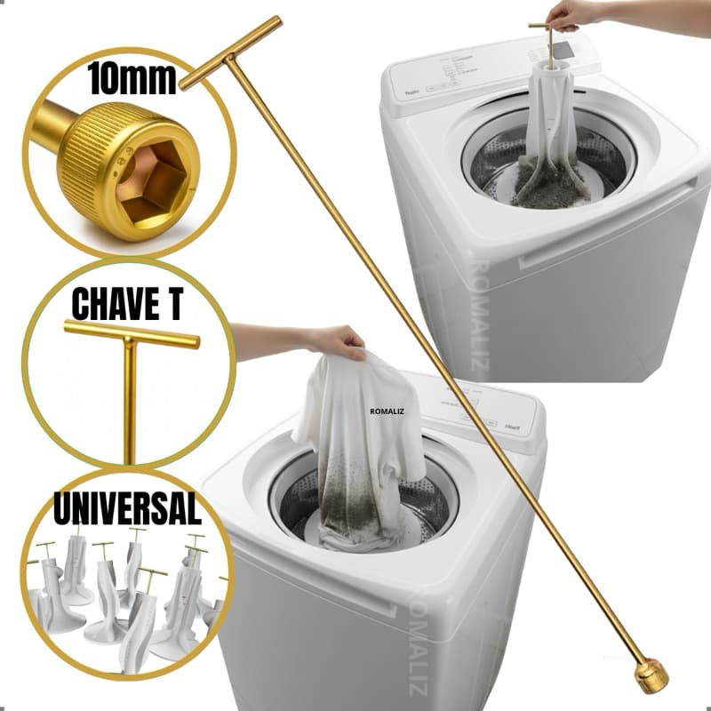 Chave de Máquina de Lavar Roupa T 10mm Canhão Longa Retira Agitador Batedor Movimentador Universal