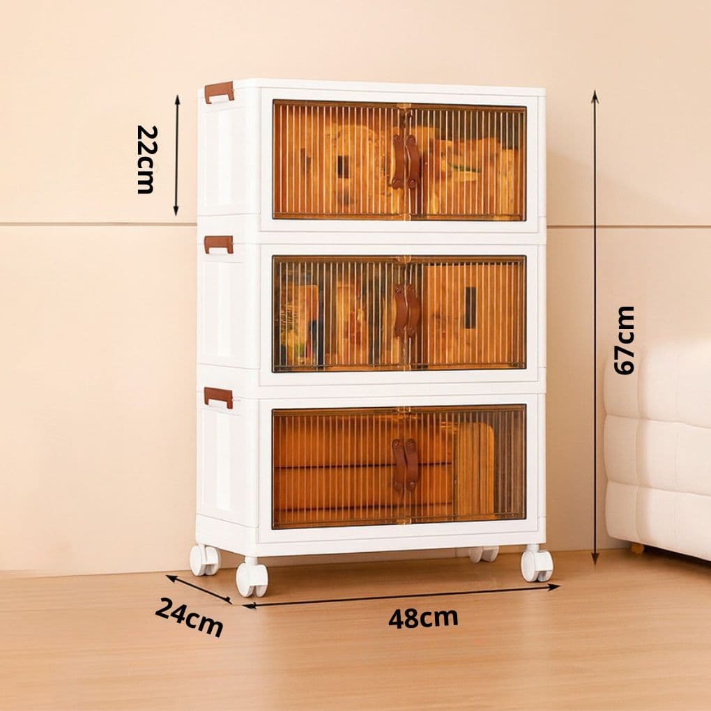 Armário Dobrável Multiuso com Rodinhas kit caixa organizadora com tampa guarda roupa 3 Prateleiras