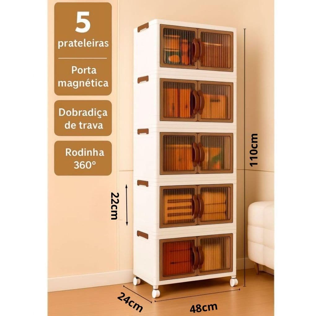 Armário Multiuso com Tampa e Rodinhas Caixa Organizadora Dobrável Guarda Roupa 3 ou 5 prateleiras