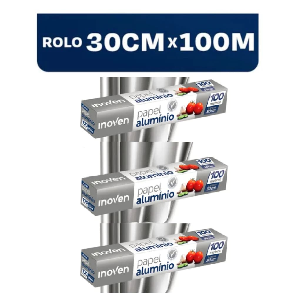 KIT 03UND - Papel Aluminio Grande 100 METROS X 30 CM Rolo Bobina