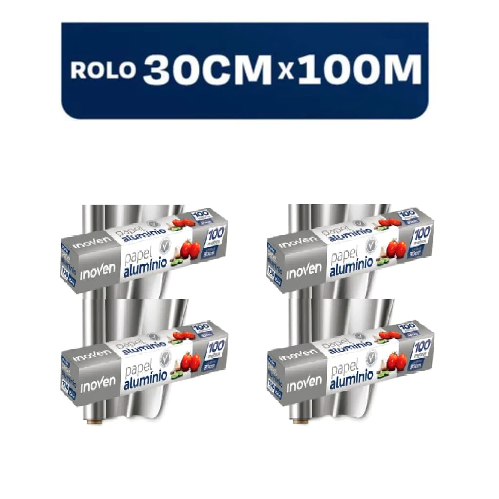 KIT 04UND - Papel Aluminio Grande 100 METROS X 30 CM Rolo Bobina