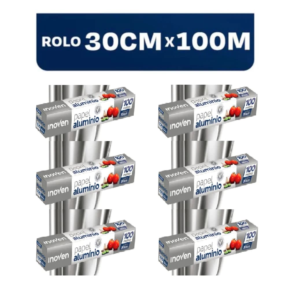 kit 06und - Papel Aluminio Grande 100 METROS X 30 CM Rolo Bobina