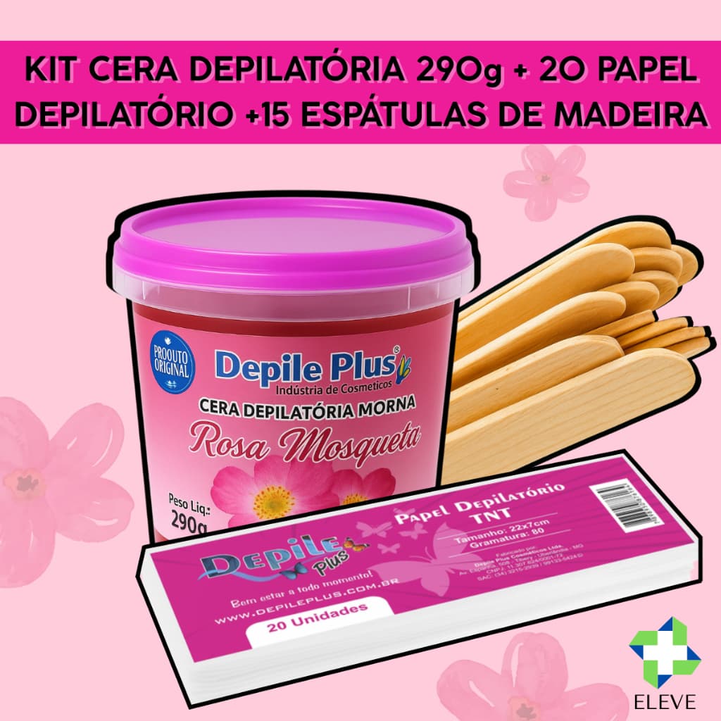 Kit Cera De Depilação Depile Plus 290g + 20 Papel Depilatório + 15 Espátulas Madeira