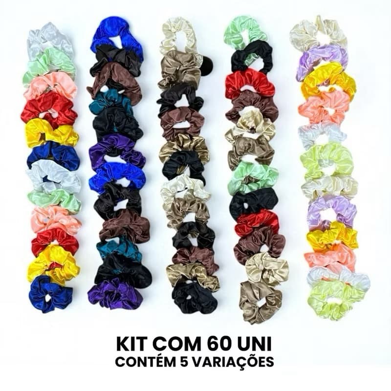Kit 60 Xuxinhas de Cetim Variadas Cores | Elástico de Cabelo Feminino Antimarcas Macio e Brilhante