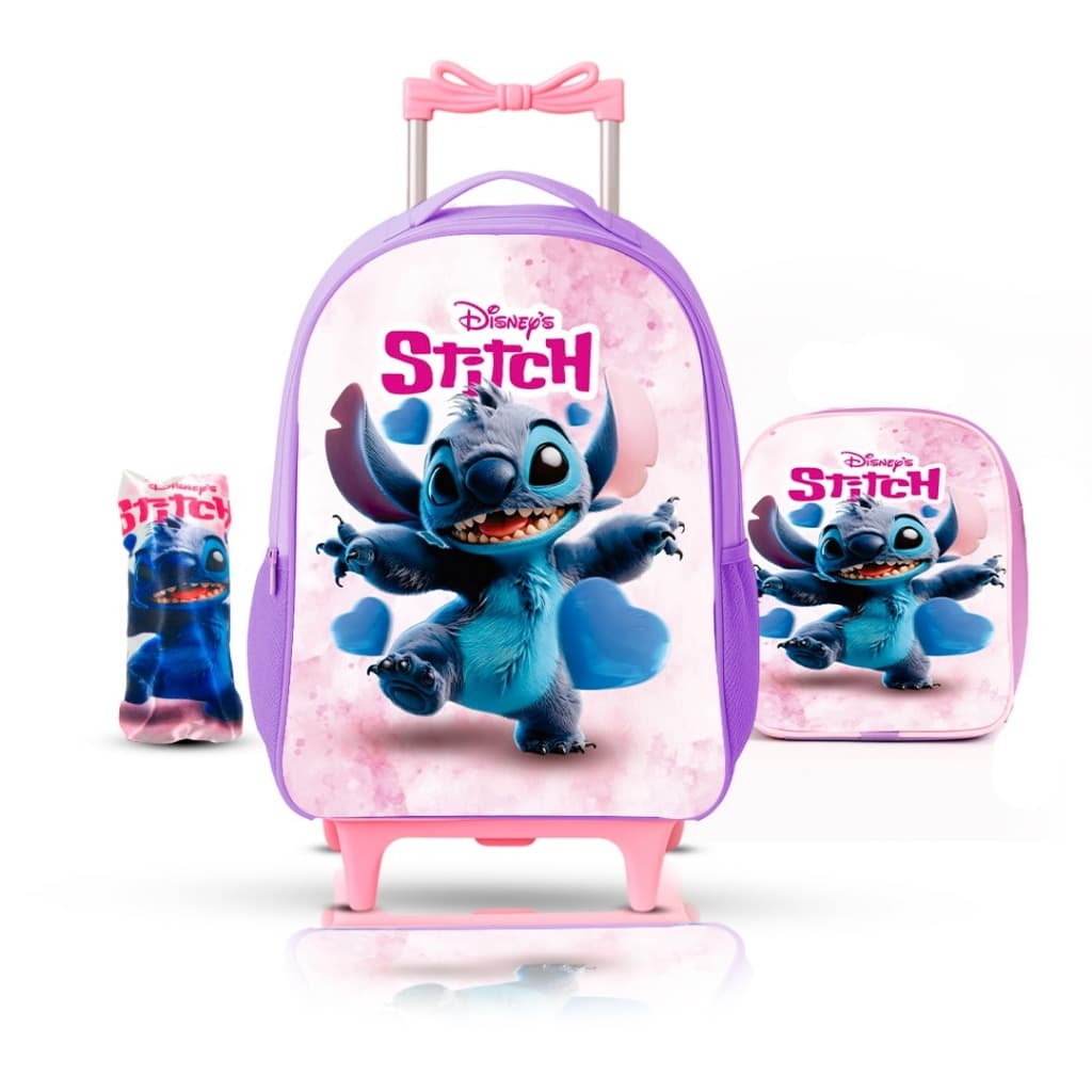 KIT Mochila Escolar Infantil Stitch Menina de rodinhas com lancheira e estojo - Reforçada