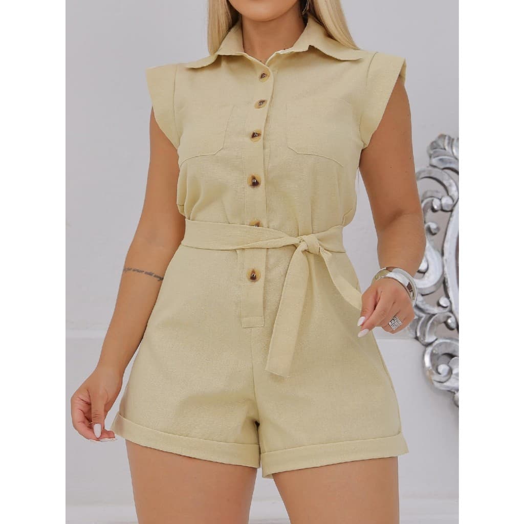 Macaquinho Macacão Karen Feminino Linho Com amarração e Botões