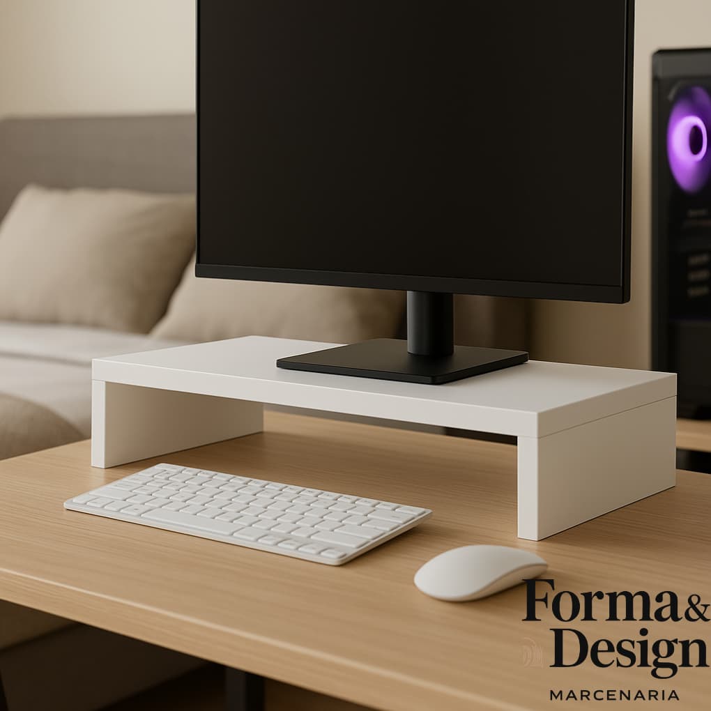 Suporte para Monitor e Notebook em MDF Branco – Base Elevatória Ergonômica de Mesa Home Office Organizador Moderno