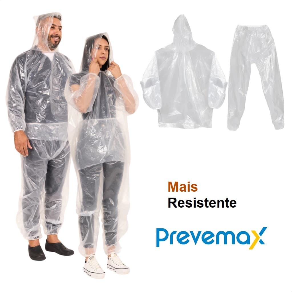 Capa de Chuva Transparente Com Calça e Capa Com Capuz da Prevemax. Possui elástico nas extremidades CA 30355 e CA 30354.