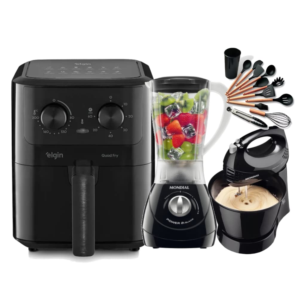 Kit Air Fryer Fritadeira 1400W + Batedeira + Liquidificador Mundial 110V / 220V Preto + Kit Cozinha