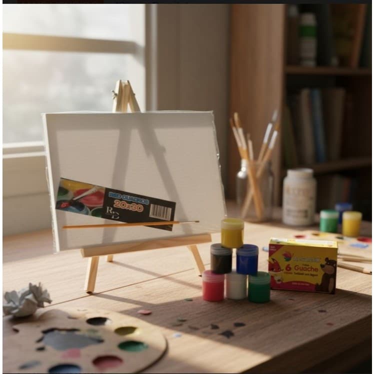Kit Telas Pintura 20x30cm Algodão Uso Artístico +Cavalete 25x39 +6 guaches+ pincel Leia a Descrição