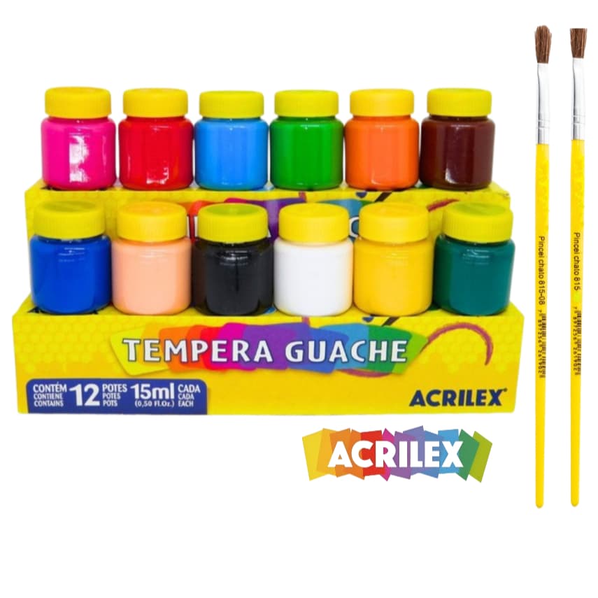 Tinta Guache Acrilex 6 Ou 12 Cores Guache Escolar + Pincel Para Colorir E Pintar