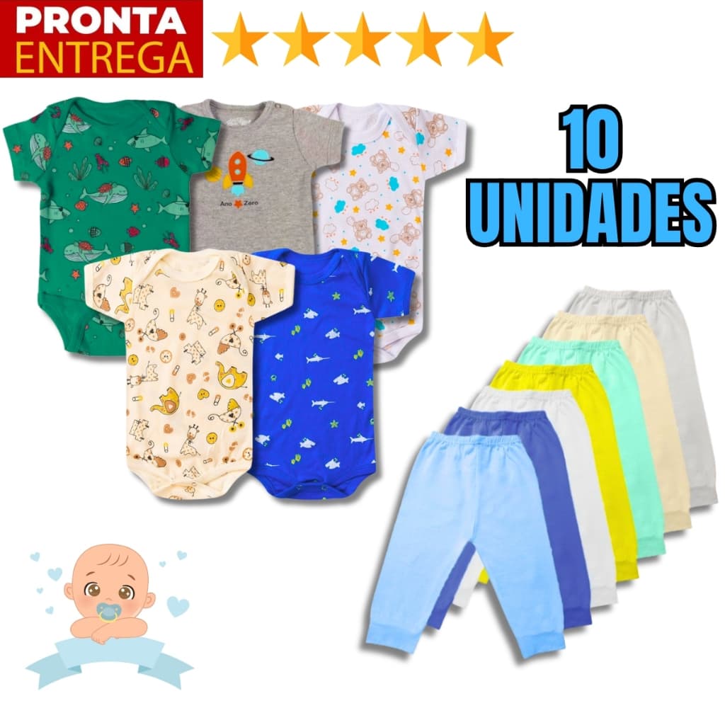 Kit 10 Peças Roupinhas de Bebê Body E Mijão Para Menino