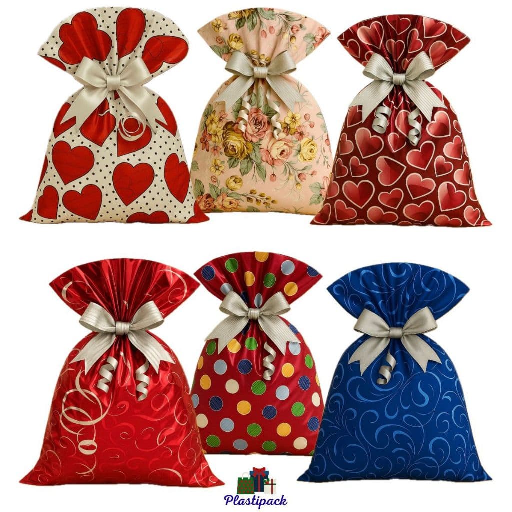 Kit 50un Sacos Presente Estampados Coração e Arabesco - Festa Presente Colorido Dia das mães