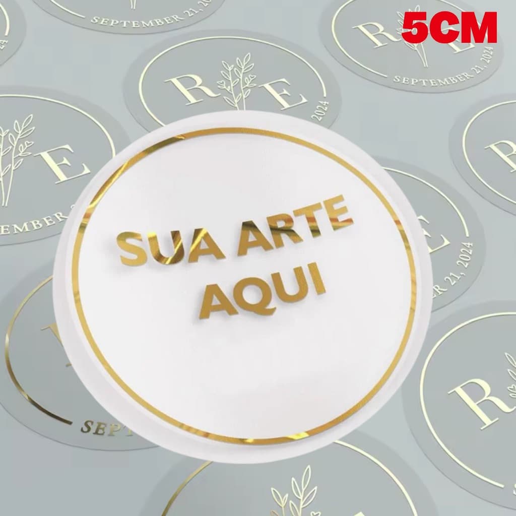 Adesivo personalizado redondo sua arte ou logo logomarca aqui vinil transparente dourado prata 5cm